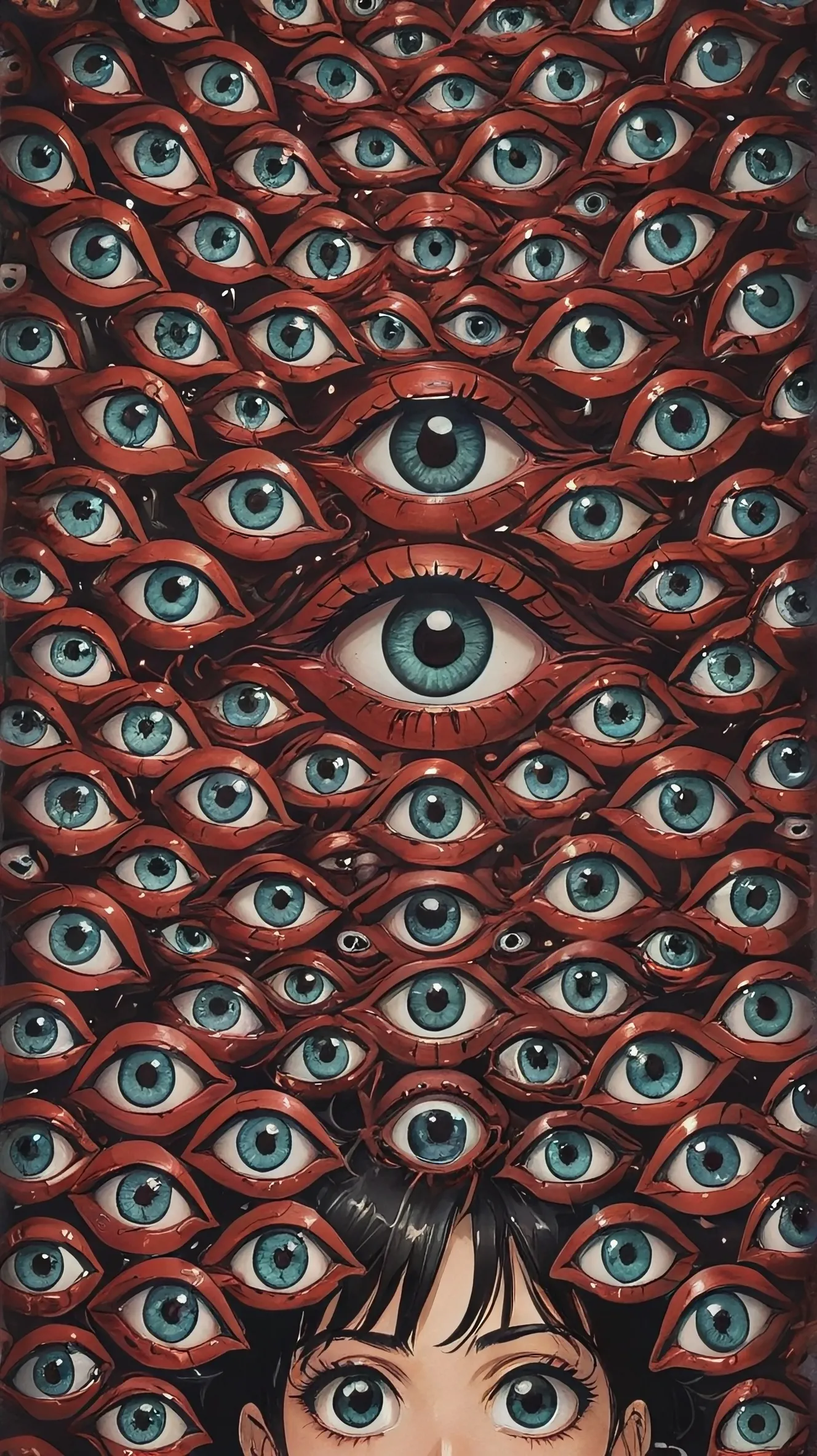 Tiny Eye patterns morphing into everything, eye motifs, crowds of eyes forming eyes, scary, horror, dark red coloring, deep shadows, a million eyes