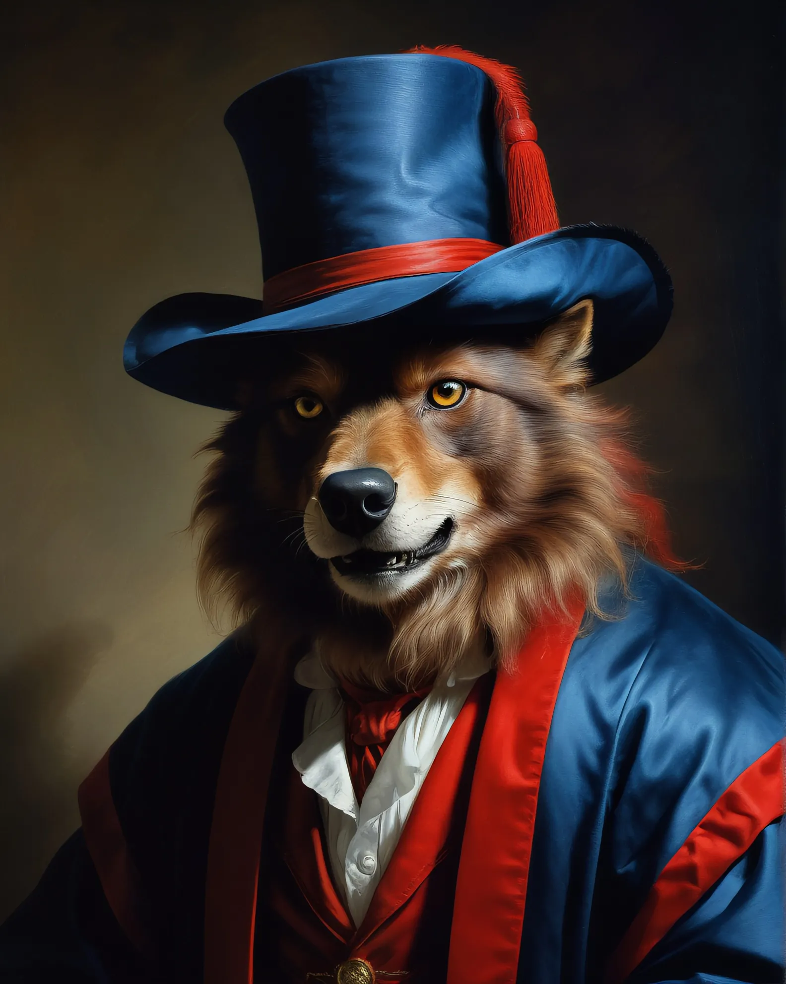 A portrait of a stately anthropomorphic werewolf, 18th century blue and red university Don robes, University professor's cap, monocle, dramatic lighting, emotional intensity, tenebrism, soft edges, oil on canvas, romanticism, realism, chiaroscuro, by Hans Holbien, by Rembrandt, by van dyke, 