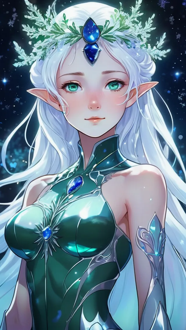 Evergreen Green, Starry Silver, Deep Sapphire - Nivaria, the Winter Fae (Ethereal, with skin like moonlight, eyes that shimmer like distant stars, and a crown of frosted berries), Extreme long shot, Glossy finish, Dark background, minimalist shading and depth detail, anime style, Studio Ghibli style, cel shading, sci-fi artwork by Moebius, glowing detailing, colorful bioluminescent, pollen particles, bokeh detailing in the air, bright white highlights, extremely smooth blending, dynamic angle