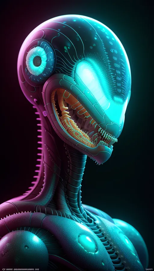Side Shot Portrait of Xenomorph by Giger, studio quality, realistic, high quality, masterpiece, 8k, monochromatic palette, bright colors, supportive shadows, award quality winner