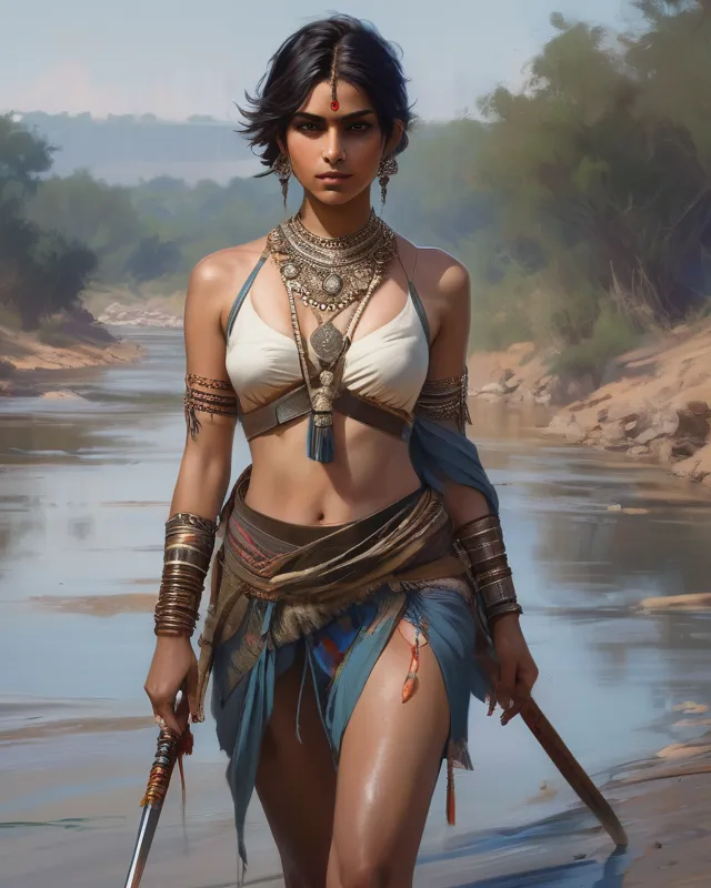 beautiful, elegant and historical indian warrior girl with short hair, river crossing, alluring, wearing open clothes, intricate details, maximallist, concept and composition in the style of Guweiz, photorealist art by WLOP and Artgerm