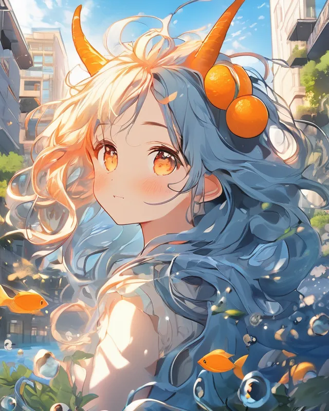 girl with long blue hair and cute (small) orange horns. detailed orange eyes that shimmer and are filled with light. Underwater with orange light coloring them orange. the background is a serene city with smaller buildings with many trees and bushes. few cars are driving by. The orange light gives it many highlights as the sun sets. orange sunset. she is under the water (sharp focus, ultra detail, 8K resolution),flowing hair 
