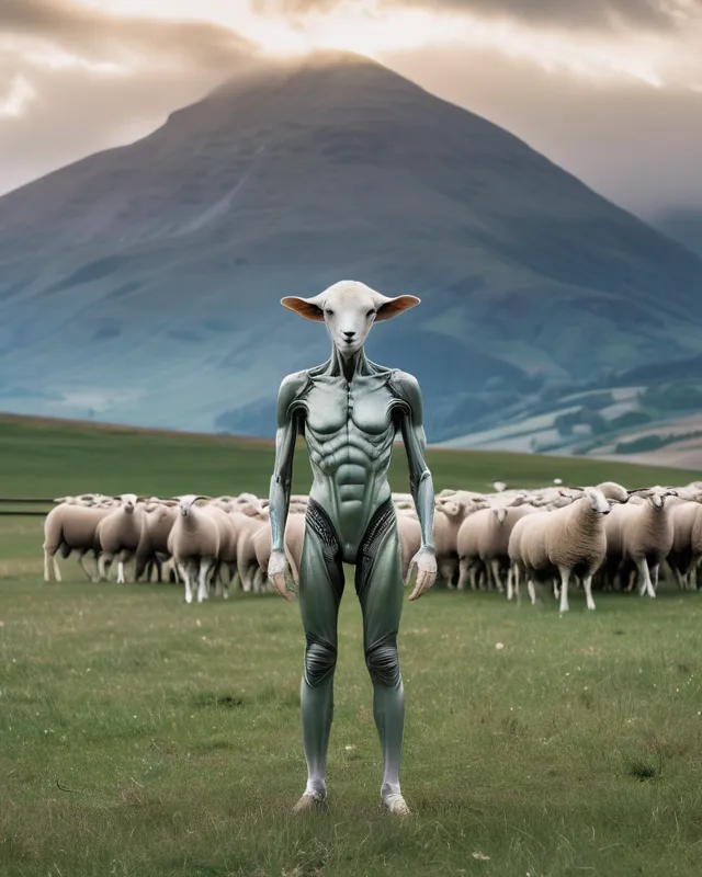 A humanoid alien a field a flock - Free AI Photo Generator - starryai