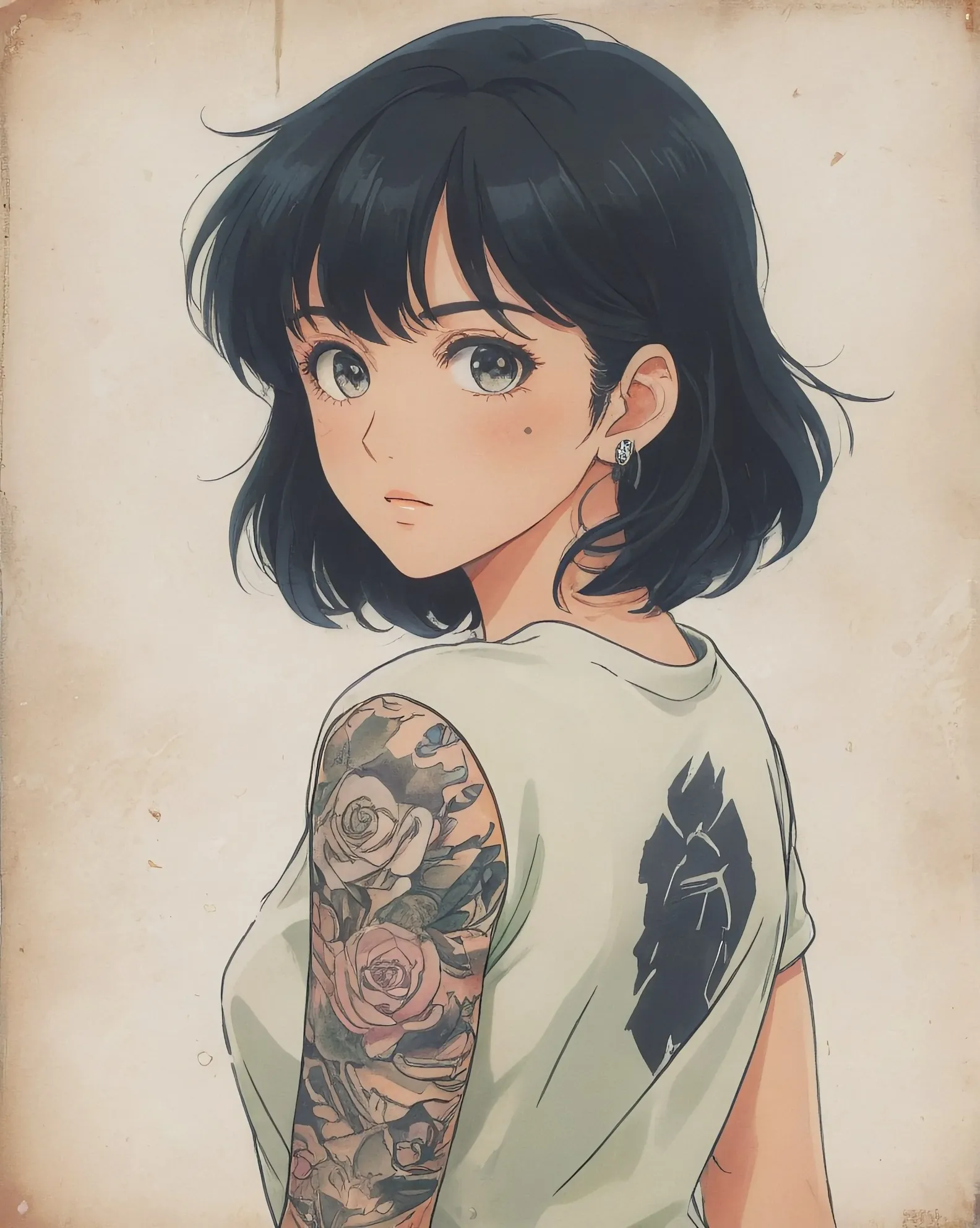 Black hair and clothing with arm tattoo anime girl