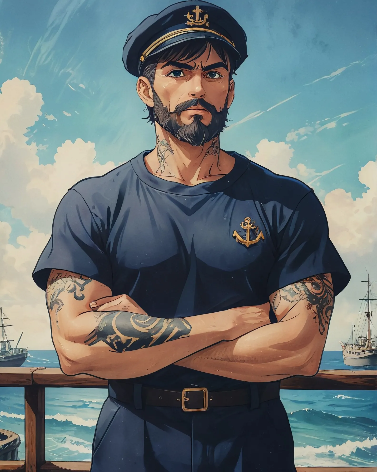 A muscular sailor man standing on the bank of the sea looking at the ships on the sea, sailor cap, pipe, middle-aged guy, anchor-shaped tattoo, bearded man