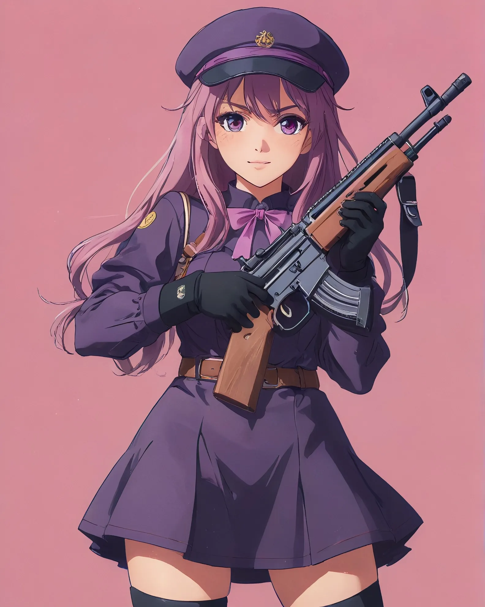 1girl, ak-47, assault rifle, bow, dress, finger on trigger, frills, gloves, gun, gun to head, h&k hk416, hair between eyes, handgun, hat, holding, holding gun, holding weapon, juliet sleeves, kalashnikov rifle, long hair, long sleeves, looking at viewer, pink background, pistol, puffy sleeves, purple eyes, purple hair, revolver, rifle, smile, sniper rifle, solo, submachine gun, trigger discipline, upper body, walther, weapon