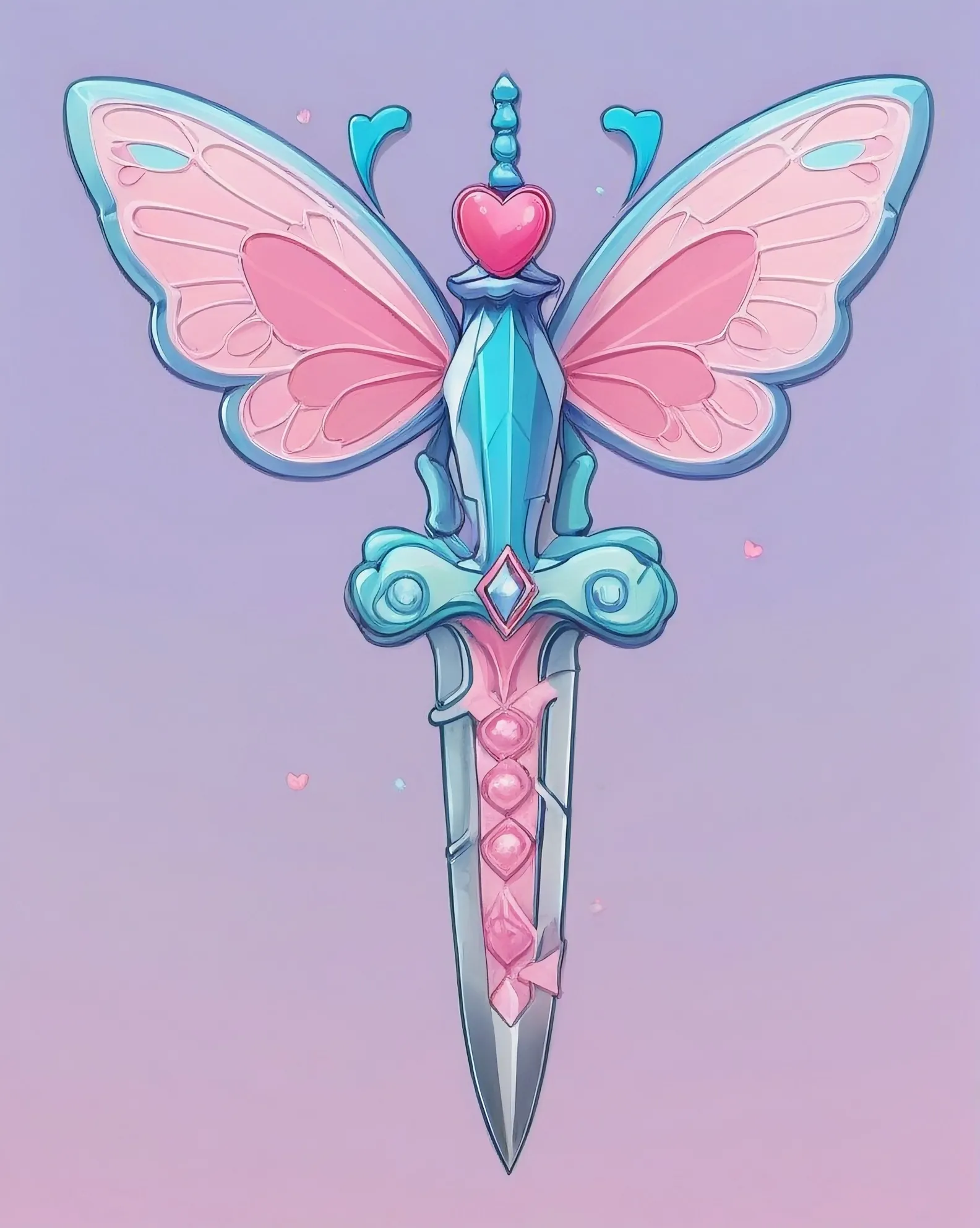 A kawaii dagger that in pastel colors with butterfly wings, candy and hearts