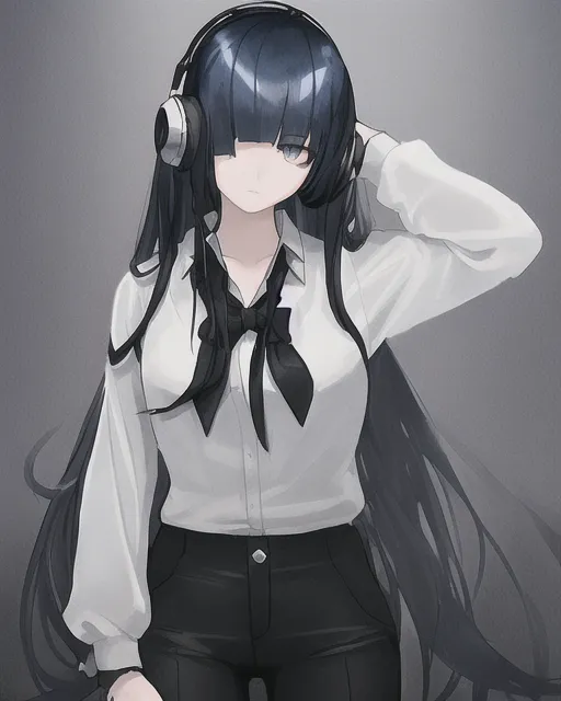 a girl of about 16 years old with long, dark blue hair and bangs that cover one eye. she is wearing headphones, a white blouse, a black tie and black pants