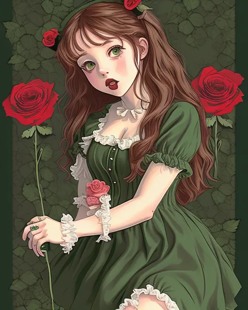 Gothic girl, mouth zipped, green dress, red roses, halloween, poster, illustration 