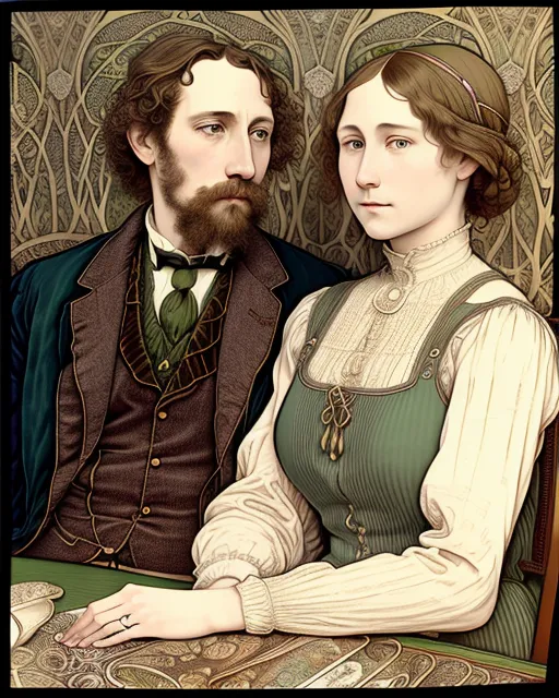 A man and a woman are sitting together at a dining table., gustave dore