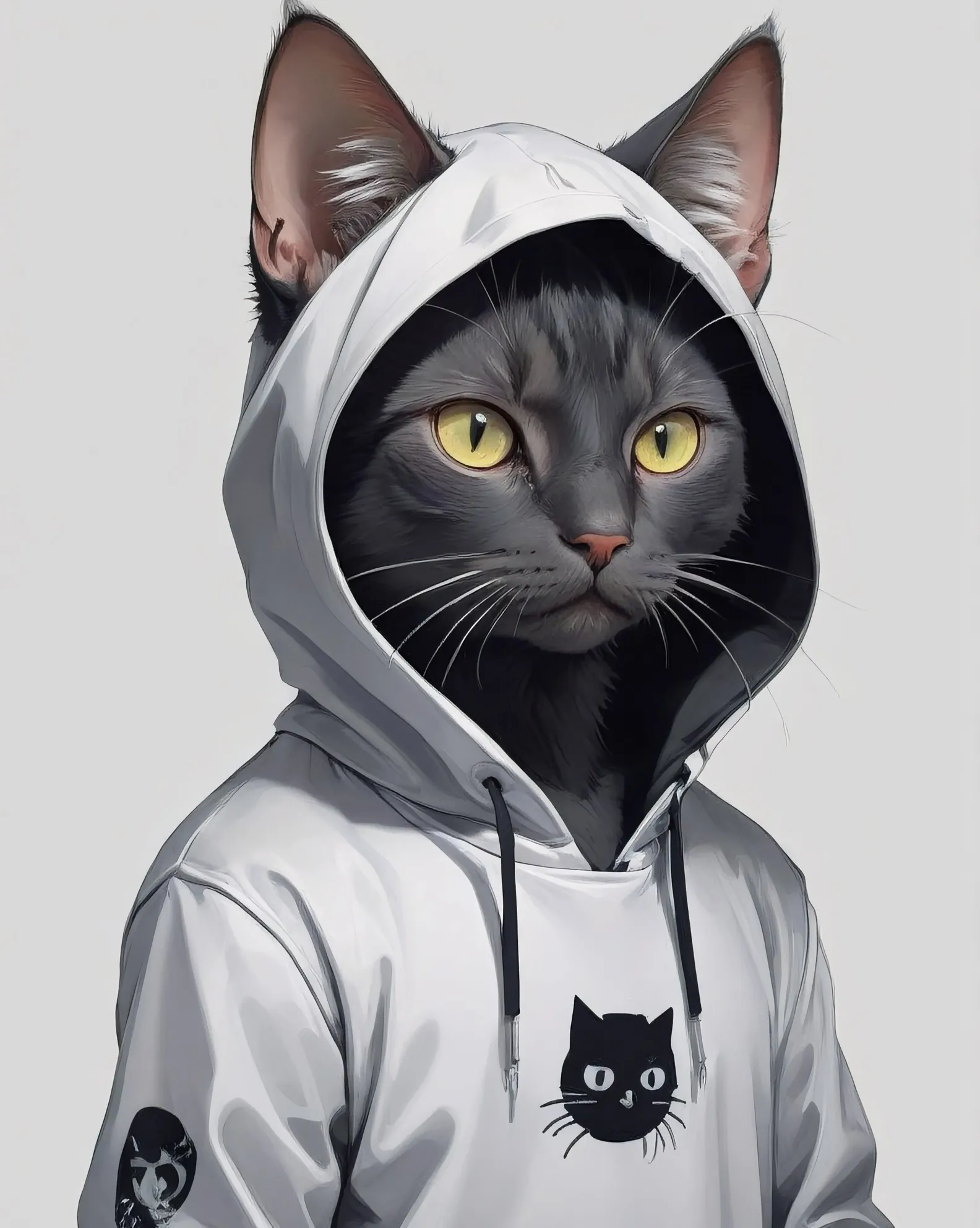 Black and grey cat with hoodie