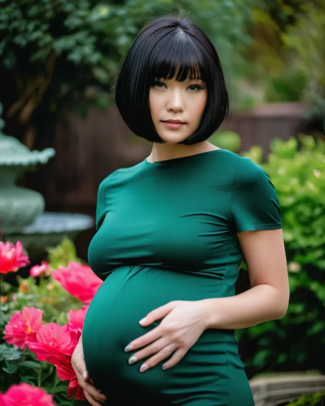 Pregnant woman with black oriental eyes short bob dark hair at a garden 