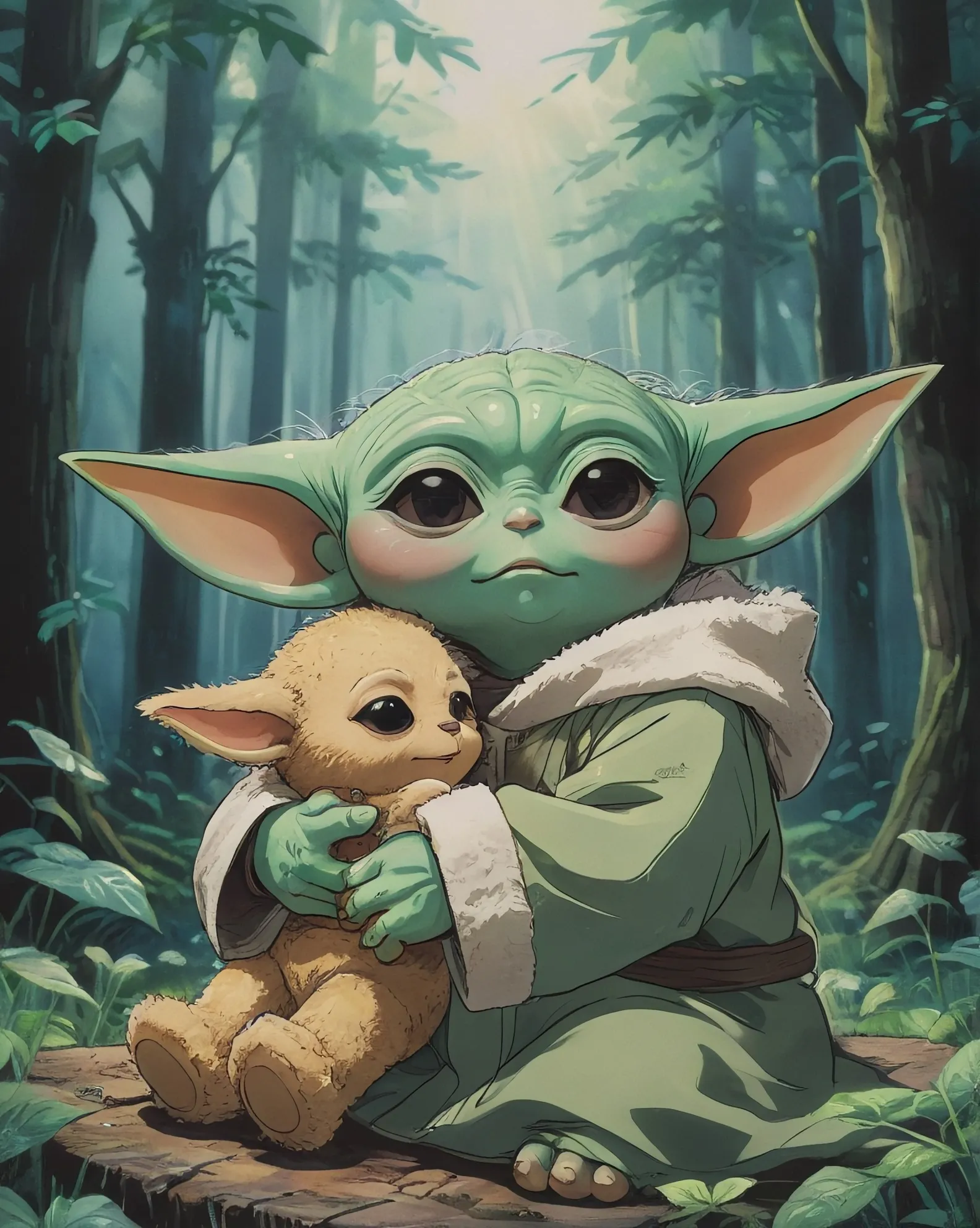 Female baby yoda, hugging a teddy high - AI Photo Generator - starryai