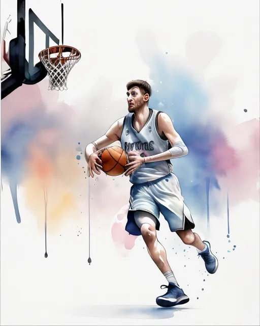 A basketball player leaning into a drive to the basket, loose watercolor, dynamic movement, highly detailed with a loose background