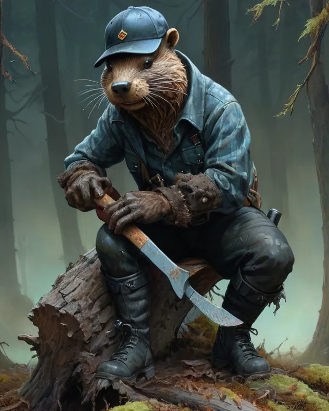 anthropomorphic beaver lumberjack, lumberjack shirt, cap, axe resting on shoulder, dark  fantasy forest, fantasy settings fantasy creatures, suave, sinuous,   vitreous eyes, menacing, mean, By Zdzisław Beksiński, by John Blanche, By hr geiger, By Albrecht Dürer, by Rodney Matthews, by rowena morrill, shiny, Pestilence, Rotten, plague, Cyberpunk, 2000AD, Goth, Supercilious, Bounty Hunter, Rogue Trader, labradorite, Masterpiece, Dynamic Lighting, Old Masters, Watercolour And Ink, Leopard Skin, Gothic, Opprobrium, Wild, Charismatic Character Study, dominant warm colour scheme