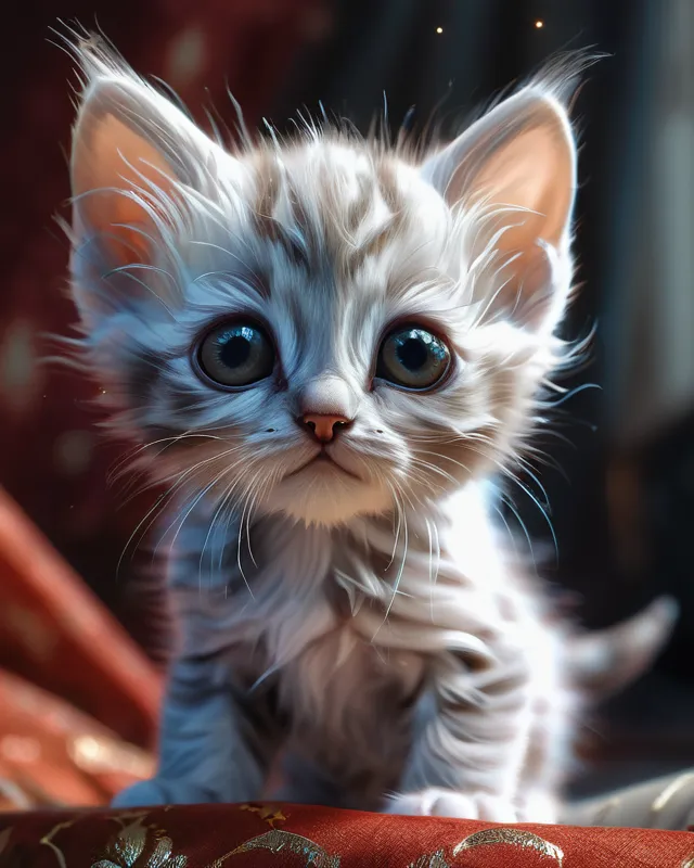 Little kitten, large eyes, digital painting,  digital illustration,  extreme detail,  digital art,  4k,  ultra hd, fantasy art, johan grenier, hyperrealism, hyperdetailed, detailed, photorealistic, wlop, johan grenier, fabric pattern, hyperrealism, realism, unreal engine, nvdia ray tracing