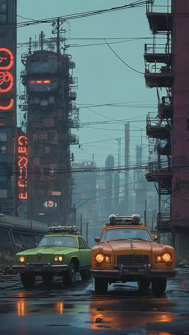 Mechanical Nameless Grinning Mascots whose Overly Cheerful Commercialized Nature  Contrasts Bitterly with a gloomy , dour , quiet dystopian dieing city landscape , artwork by Eduardo Valdes-Hevia , in the style of Simon Stalenhag, Electric State,Tales from the Loop , rough Neon , high quality, professional