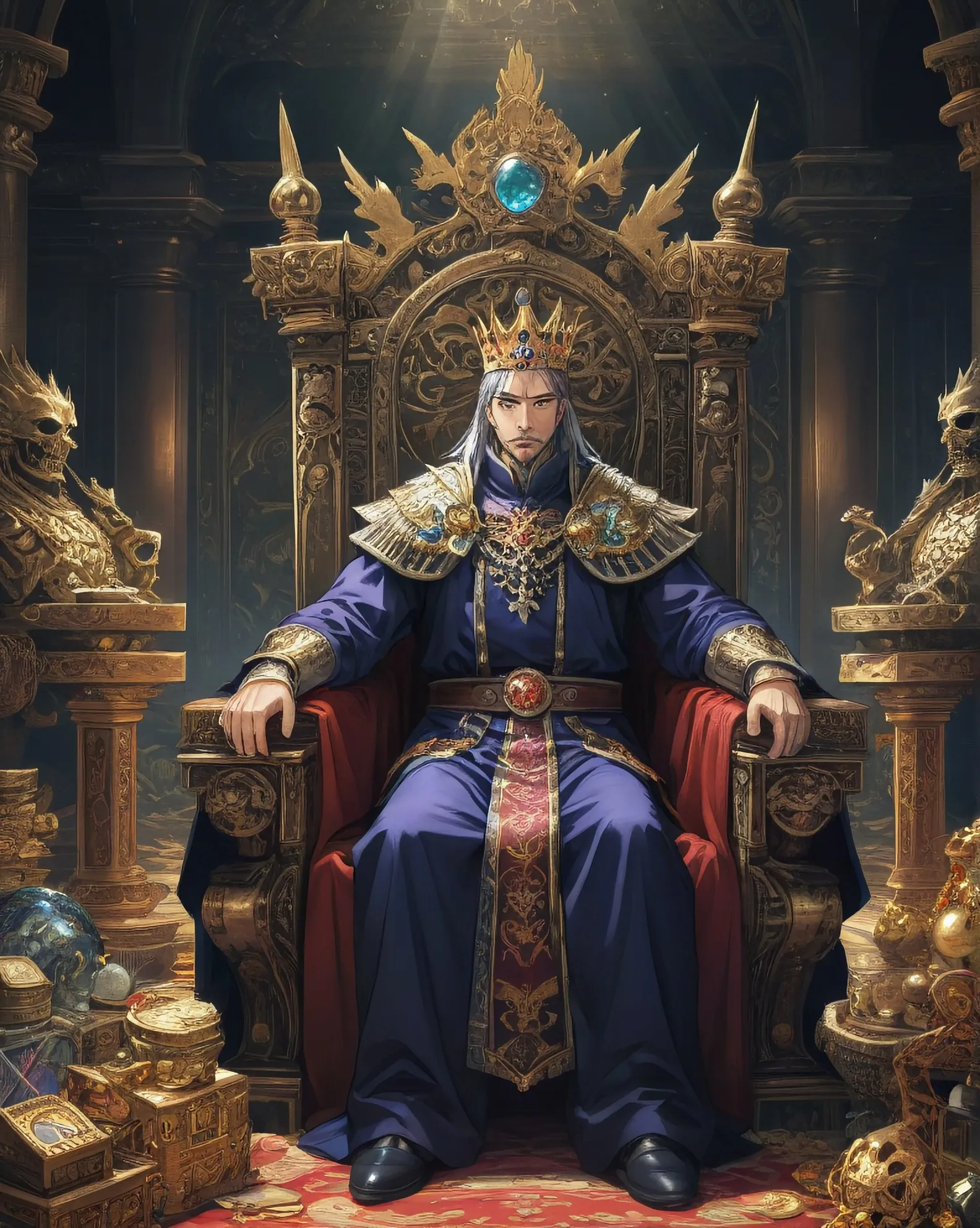 King sitting on throne, in a room filled with treasure, zoomed out