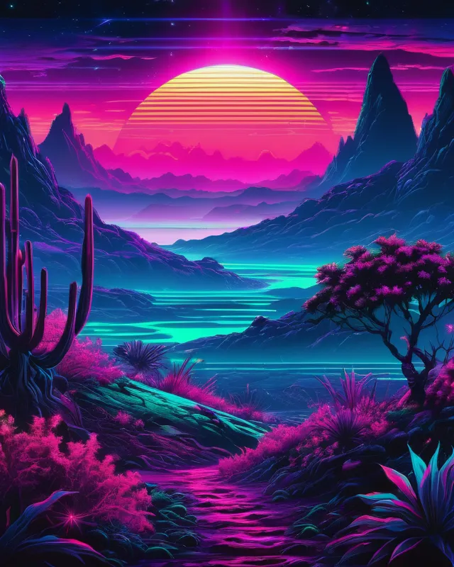 Synthwave landscape.  Cosmic Sky.  Alien terrain.  Neon colors.  Eye-popping.  Visually aesthetic.  Hyperdetailed.  Neon blue, green exotic vegetation in the foreground 