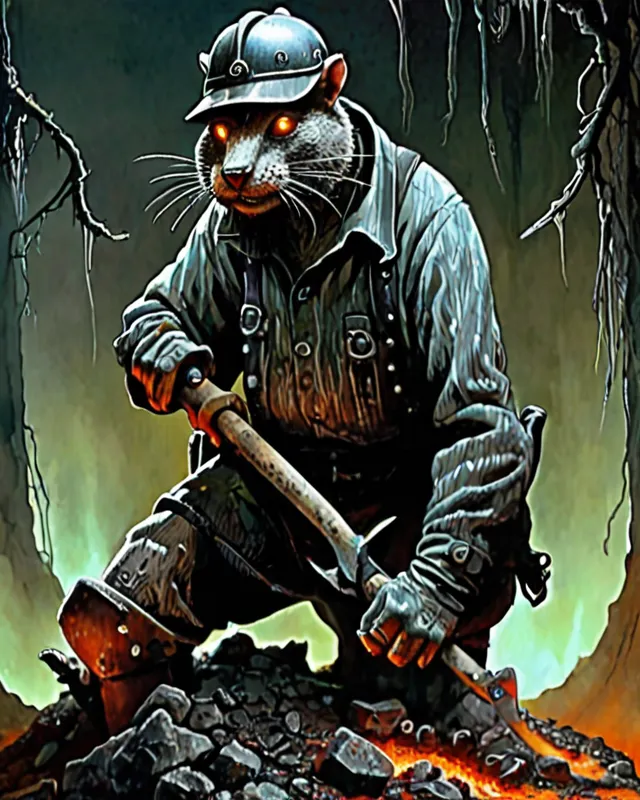 anthropomorphic mole miner, hardhat, filthy miners clothes, sootblack, pickaxe, inside dark fantasy mine of moria, fantasy settings, fiery torchlight, suave, sinuous,   vitreous eyes, menacing, mean, By Zdzisław Beksiński, by John Blanche, By hr geiger, By Albrecht Dürer, by Rodney Matthews, by rowena morrill, shiny, Pestilence, Rotten, plague, Cyberpunk, 2000AD, Goth, Supercilious, Bounty Hunter, Rogue Trader, labradorite, Masterpiece, Dynamic Lighting, Old Masters, Watercolour And Ink, Leopard Skin, Gothic, Opprobrium, Wild, Charismatic Character Study, dominant warm colour scheme