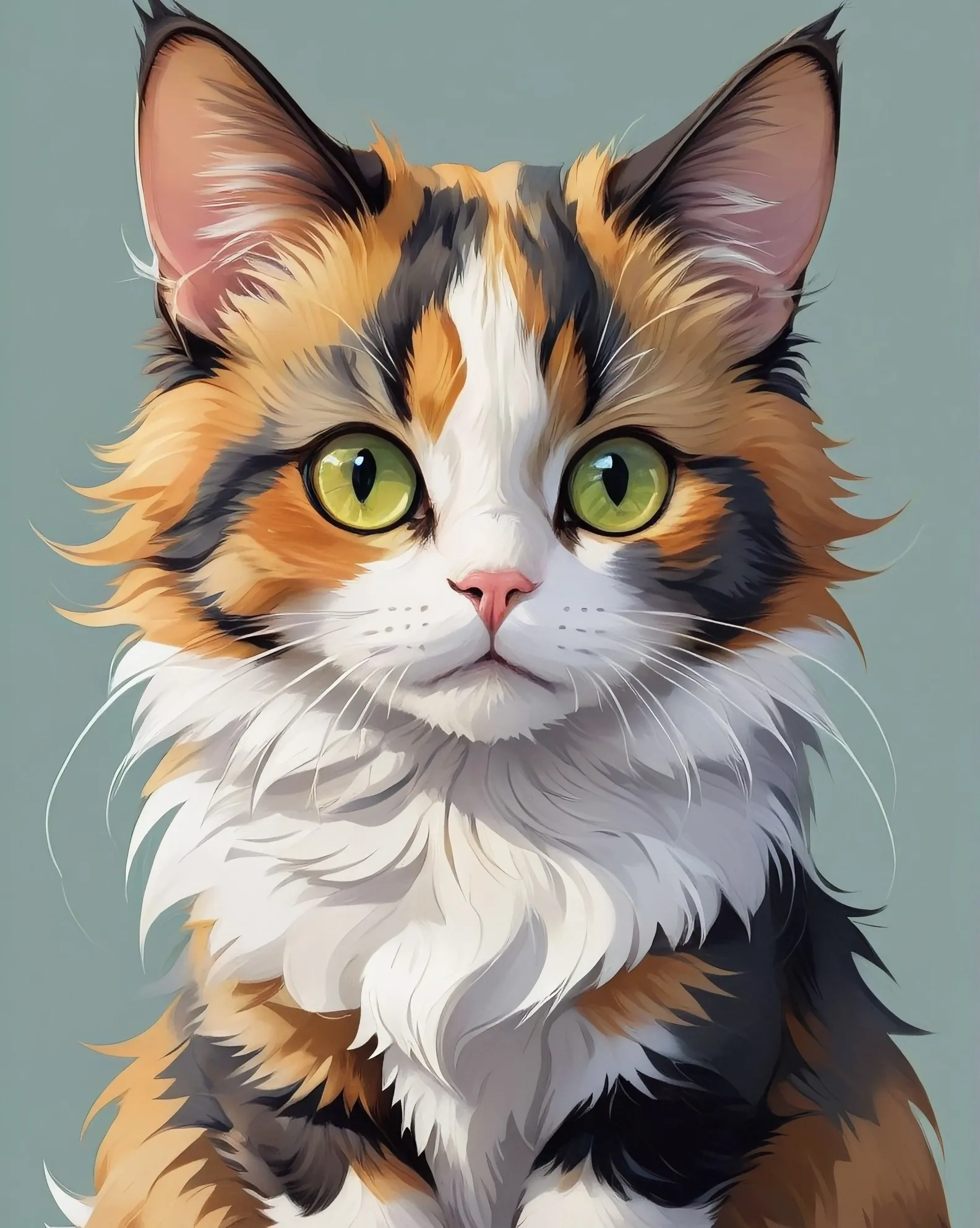 A Calico cat, with gray, white, and orange fluffy fur, smaller ears, big hazel green eyes, that's in the chunky side