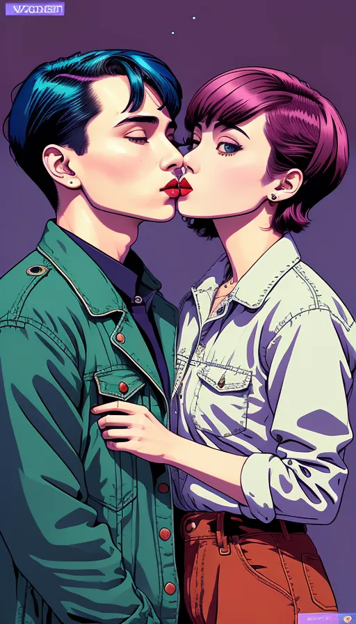Hipster Girl kisses a masculine party boy, vetorial, short Hair, warm, portrait, in Style Of Junji ito 