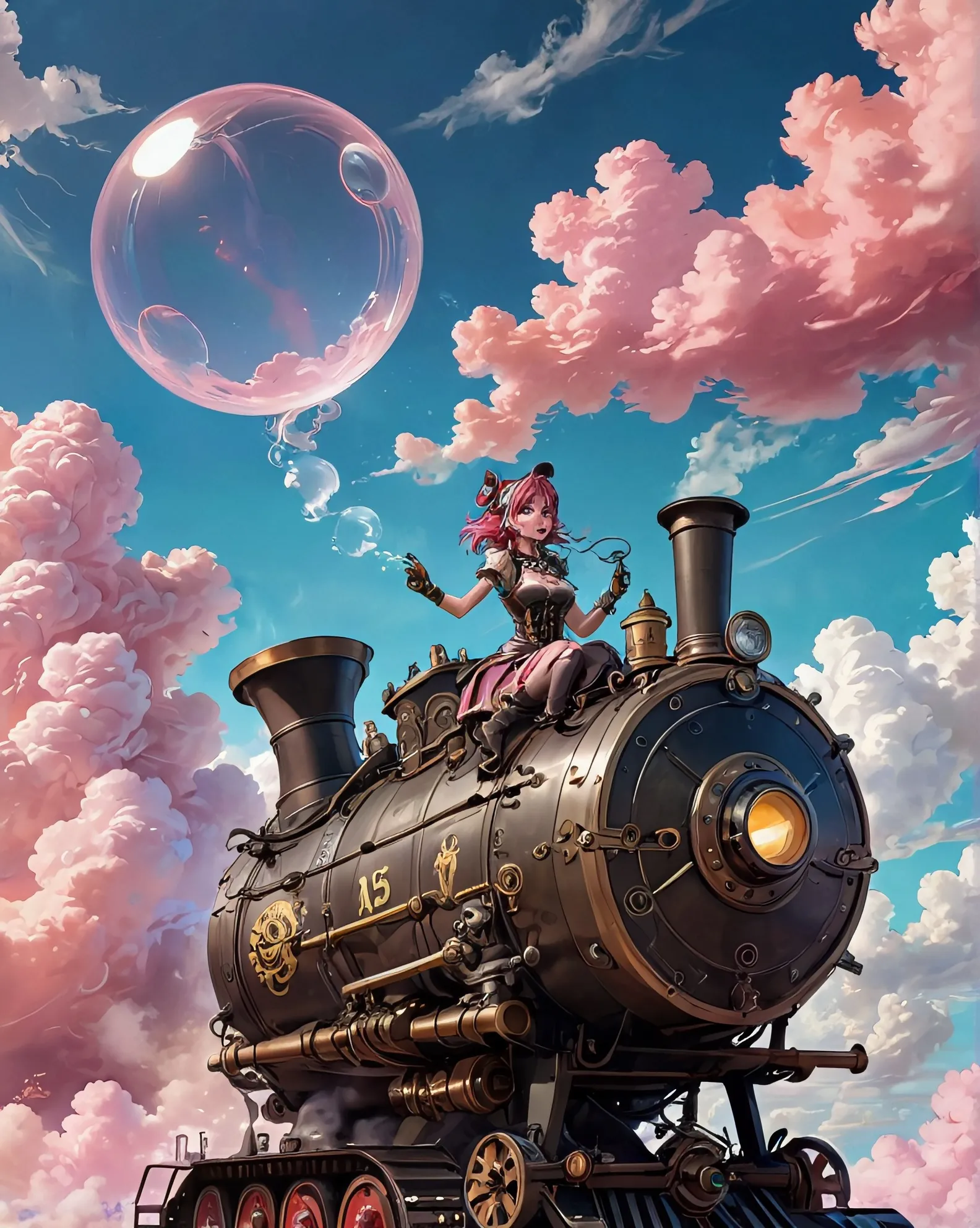 steam punk with an attitude, steam engine through the skies.  blowing huge bubble from mouth. Pink fluffy clouds