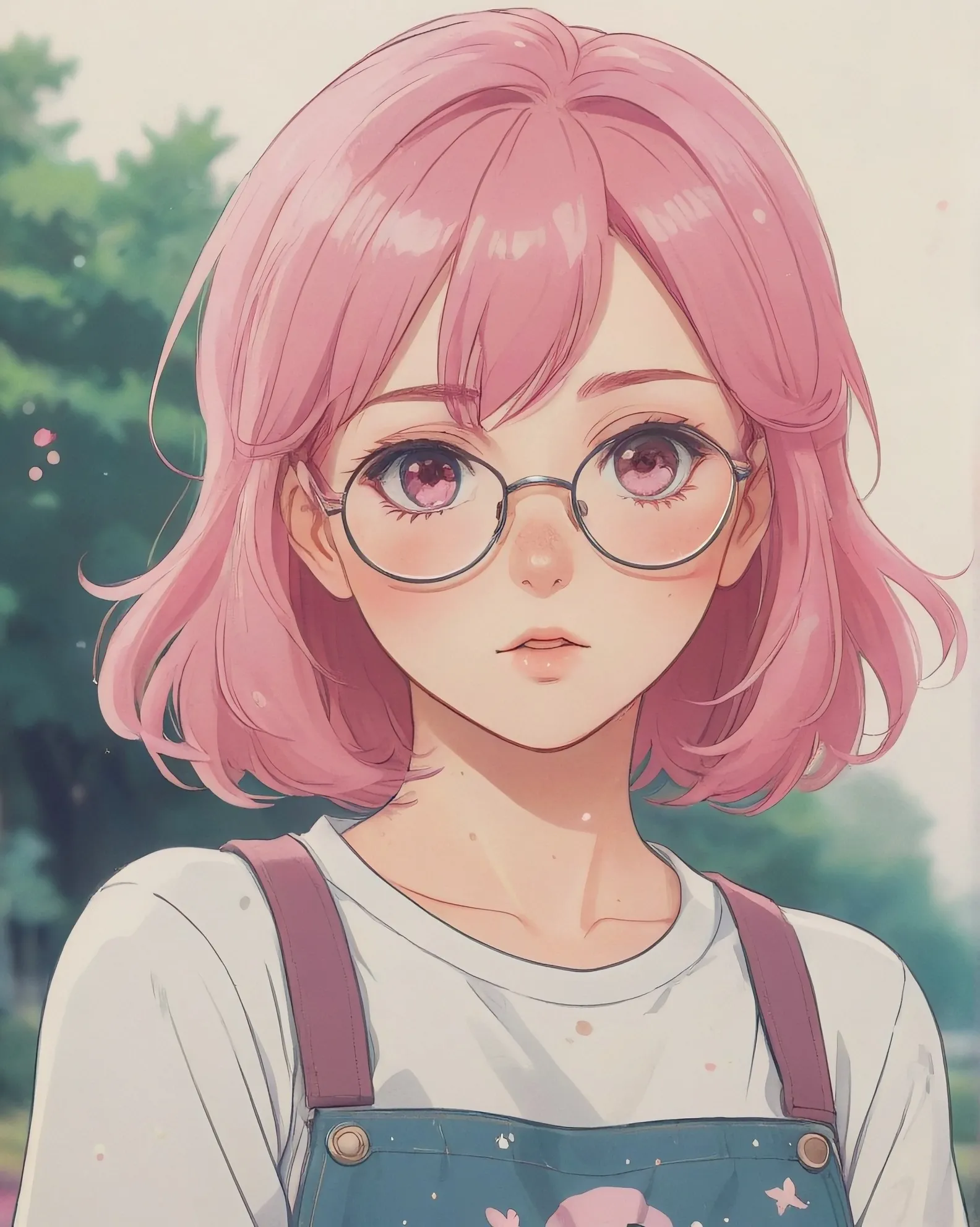 girl, pink hair, glasses, freckles, pale skin, cute, kawaii, 8k quality, high quality