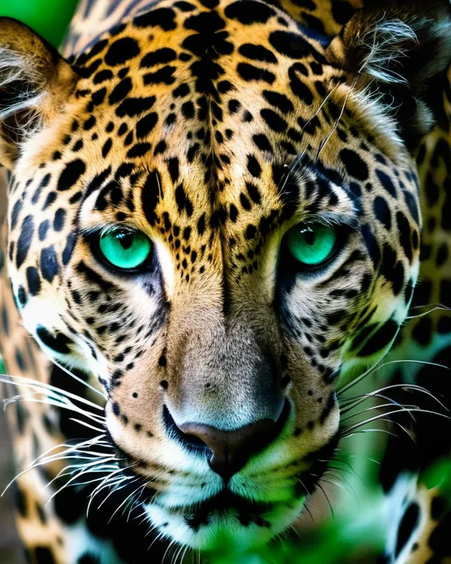 Closeup of a crouching jaguar  looking straight at the camera with emerald eyes