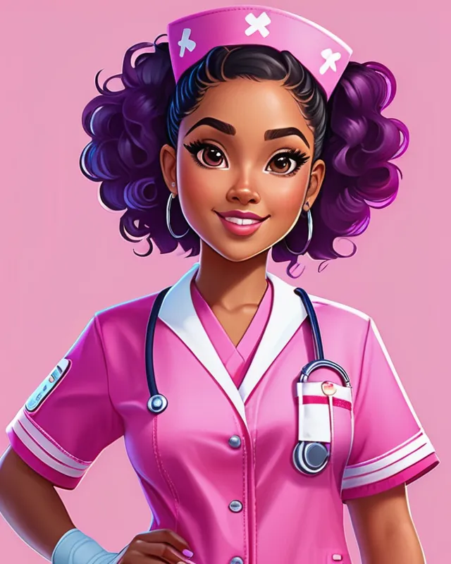 User Create An Image Of A Stylized, Like Mixed Race Female Character With Oversized, Expressive Eyes, Wearing Pink Nurse's Scrubs With A Playful Pattern Of Anime Theme-Icons With Wavy Locks Framing Her Face. Her Accessories Include Small Hoop Earrings, And She Wears Trendy High-Top Sneakers With Purple Accents To Match Her Uniform. The Character Is Standing Confidently With One Hand On Her Hip And The Other Pointing Upwards, As If She Is Presenting An Idea Or Giving Directions. The Overall Style Is Cute, Vibrant, And Conveys A Sense Of Professionalism Mixed With Fun. purple  and hair