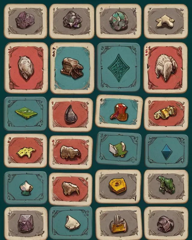 A grid of game pieces (cards) on a (solid) background, detailed,