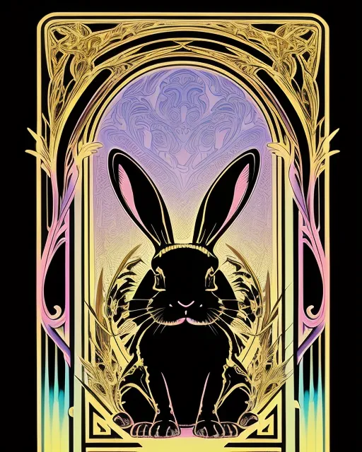 Black bunny. Art Nouveau style. Glowing pastel colours. Intricate gold border design. Textured details. Low-Fi. 
