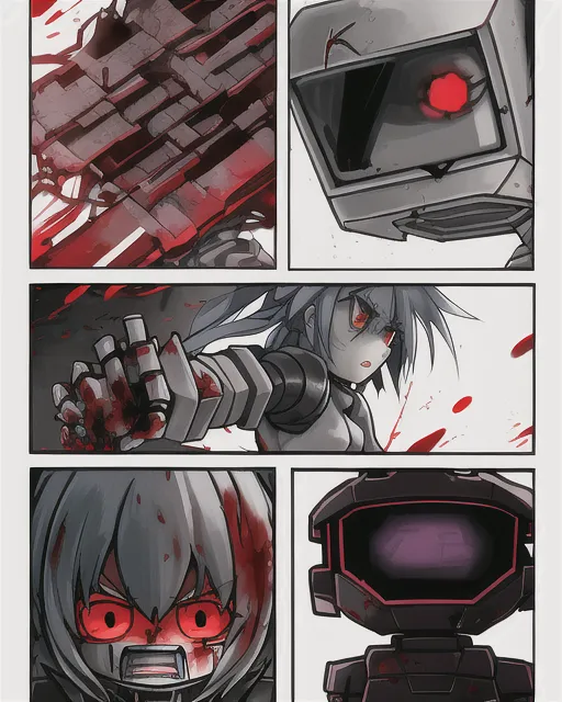 broken and angry robot-girl solders war, blood