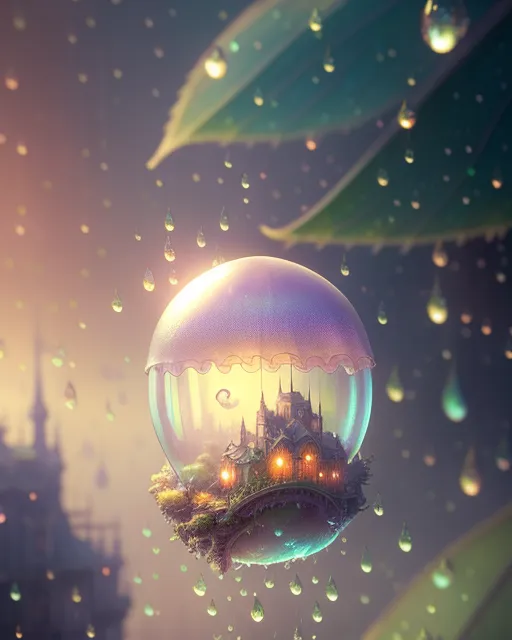 A tiny city placed inside of a raindrop, zoomed up close on the raindrop to see details of the city, magical, vibrant, realistic, detailed, 16k, hyper realistic, fantastic, 