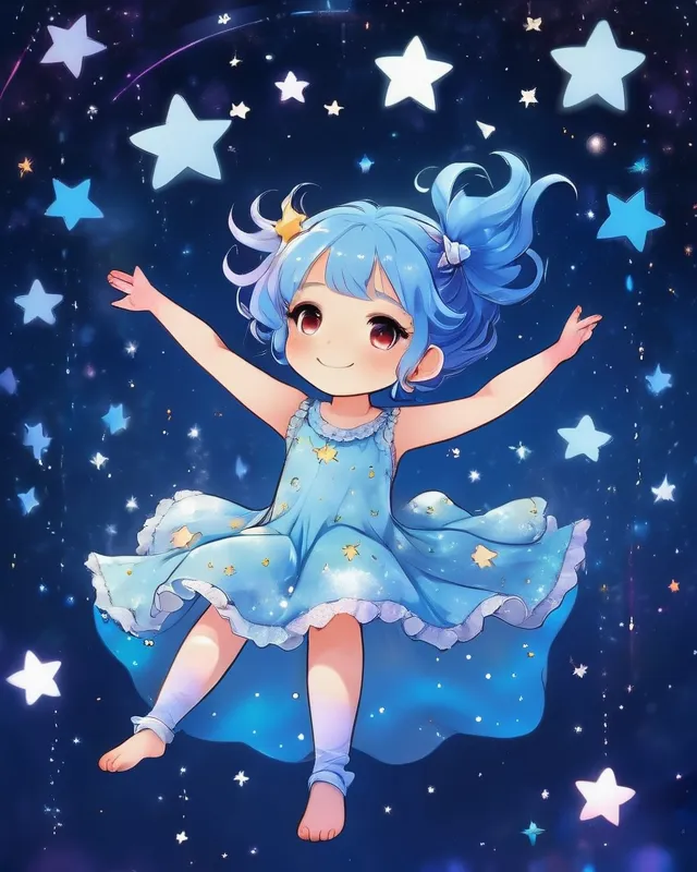 A girl floating with star clothes blue hair with stars star background￼