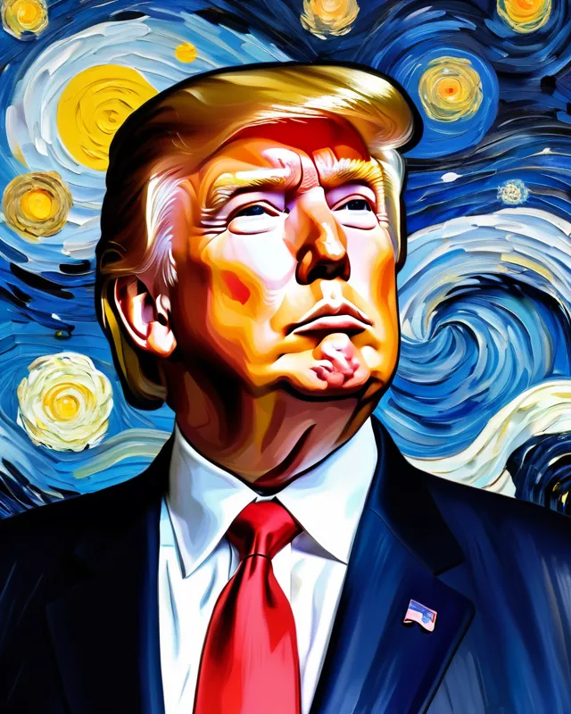 Hypnotic morality 🇺🇸Donald Trump as painted by🇺🇸 Vincent Van Gogh, his unique brush strokes are quite visible, impasto, 8k, ultra high resolution, hyperdetailed around 🇺🇸 galaxies 