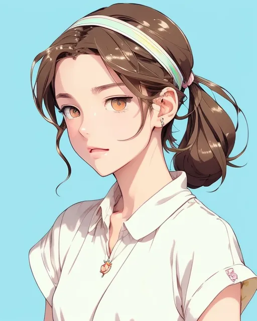 Female With Light Brown Hair, Bright Color Eyes, Rainbow Headband And , Wears A White Shirt , Sweet, sassy, Whimsical, Bright Color Background, Colorful, Fantasy, Intricate, Meticulously Detailed