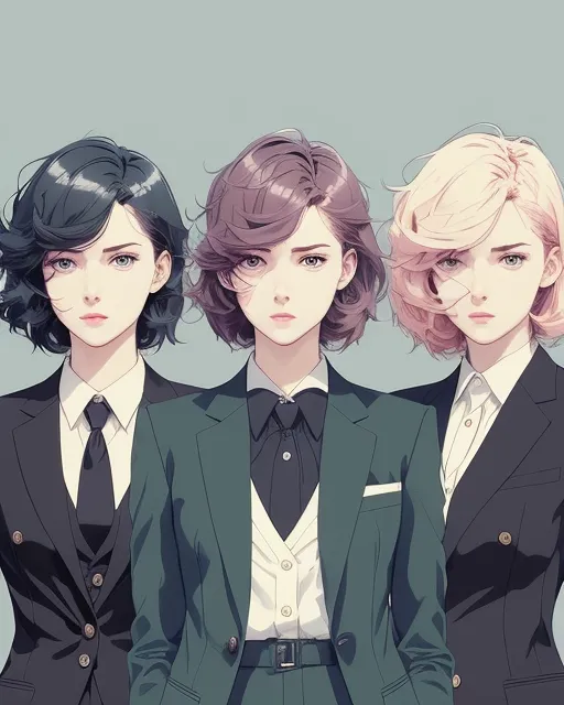 undefinedphotoillustration, three females, aged 35-40, each wearing a modern three-piece suit, stylish and colourful, each with different hair colour and eye colour, detailed face, mysterious and clever, high detail, high resolution, warm cinematic lighting, emotional eyes, intricate details, extremely smooth blending, dynamic posing