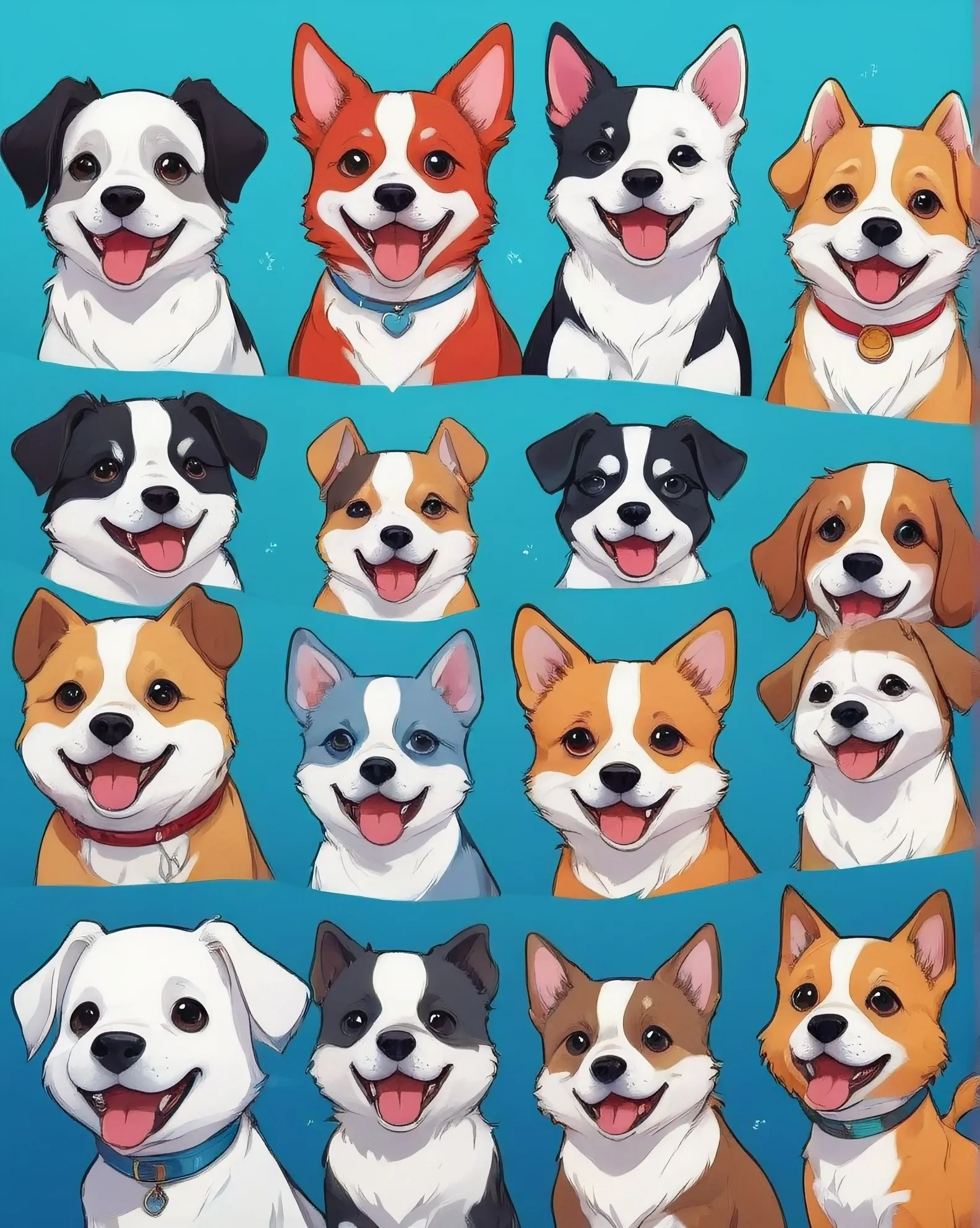 Draw 7 different happy dogs