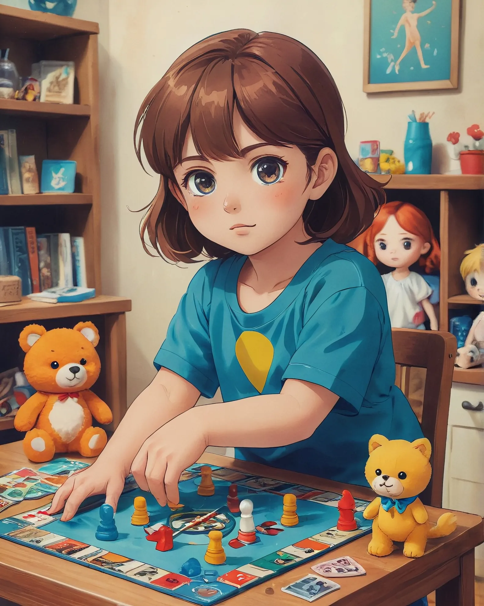 (Scene: [A child, age 5] playing [the boardgame LIFE] with [their stuffies, dolls, action figures ect] set up in [a room with whimsical toys displayed in background] [on a small playroom table]), (mood: childlike wonder, happiness, imagination), hyper detailed, whimsical, colorful, cartoon graphics, 2d animation, storybook illustration, perfectly composed, accurate human anatomy, attention to detail, detailed (LIFE) boardgame on table, 