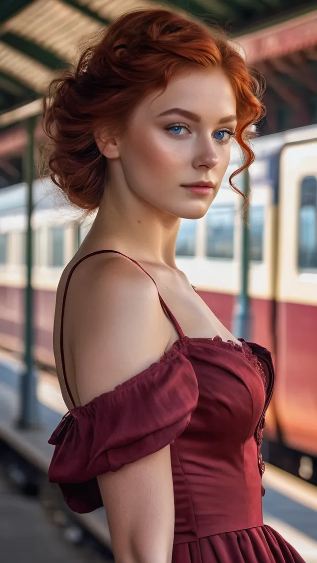 woman (20 years old) of beautiful summer goddess, wavy red wine hair, simple Red Dress, beautiful dark blue eyes, elegant makeup, train station, wind, serene, storybook illustration, digital illustration, extreme detail, digital art, 8k, 16K, ultra hd, detailed, realistic portrait, fine art, by beatrix potter, trending on artstation, beautiful, elegant, sofisticated, perfect facial features, sun light