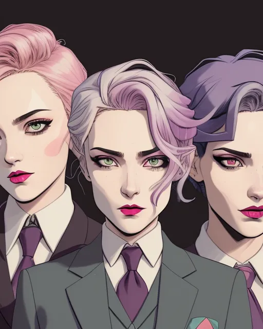 three women, aged 30-35, each wearing a modern three-piece suit, stylish and colourful, each with different hair colour and a different eye colour, detailed face, high detail, high resolution, warm cinematic lighting, emotional eyes, intricate details, extremely smooth blending, dynamic posing