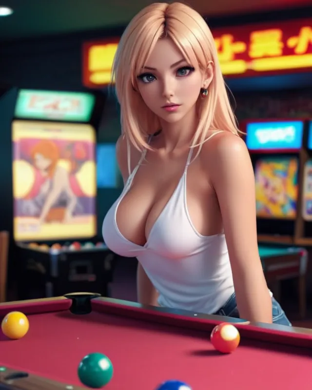 Anime style,  A pretty woman showing off and being annoying, in arcade. Playing on a pool table with friends. amazing quality, highly detailed, 8k, wallpaper, epic colors