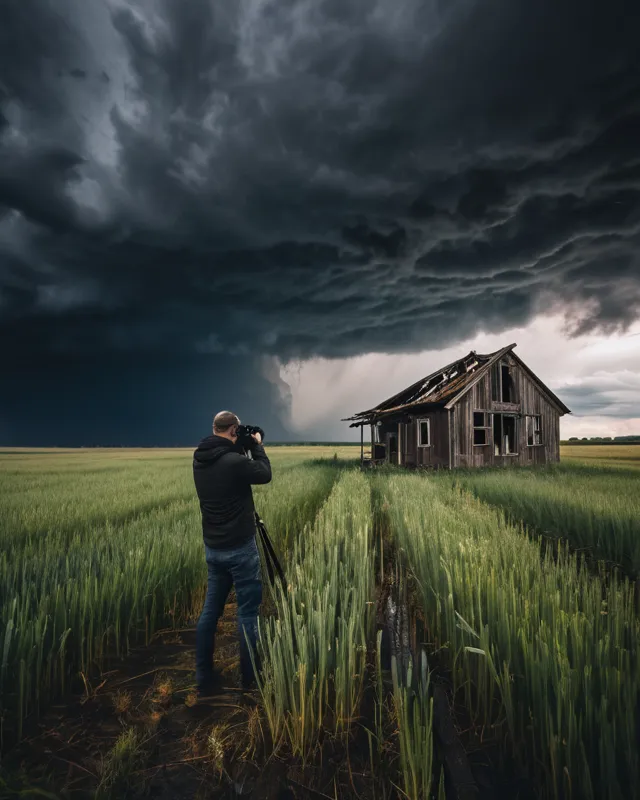 A photographer taking photos with a camera under a stormy sky,field landscape,abandoned wood house