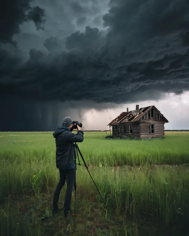 A photographer taking photos with a camera under a stormy sky,field landscape,abandoned wood house