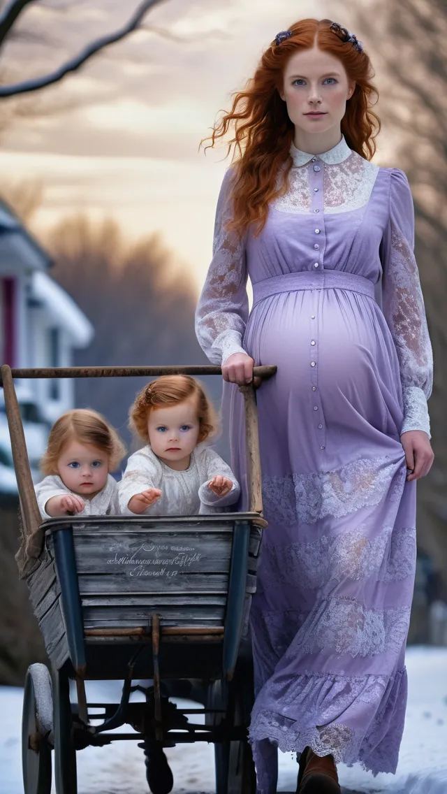 22 year old woman with naturally wavy red hair, wearing a simple white dress, 9 months pregnant, pulls a handcart with 5 of her children on a snowy street standing, beautiful, complex, hyperdetailed, detailed, colourful lighting, beautiful landscape, realistic and natural, detailed full-color, nature, hd photography, galen rowell, david muench, perfect composition, gloss, beautiful dark blue eyes, elegant makeup, in lilac lace dress, storybook illustration, extreme detail, 8k, 16K, ultra hd, detailed, realistic portrait, fine art, elegant, perfect facial features, by Beatrix Potter