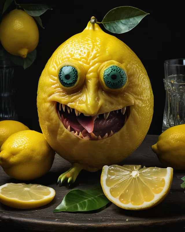 A giant lemon that is actually a (Mimic in disguise with insane eyes, sharp crooked teeth, a long tongue and an evil expression). The giant lemon is maniacally drinking a glass of lemonade. Real squashed lemons are scattered around. Evil creature. Vibrant Colors. 