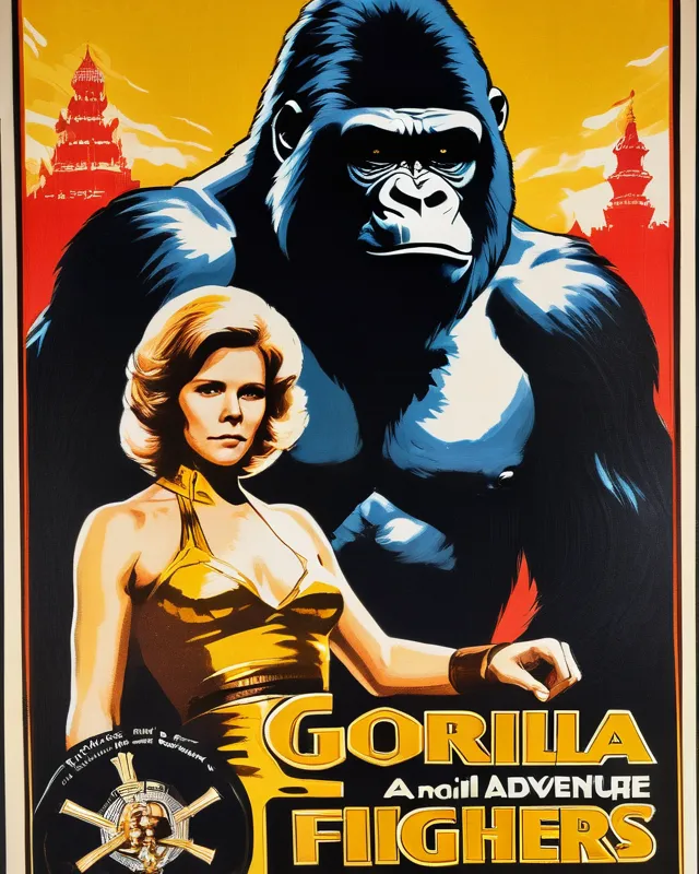 1970s adventure movie poster painting, gorilla power fighters, wooden castle, Annette bening and Mae Whitman, golden, gold, 
