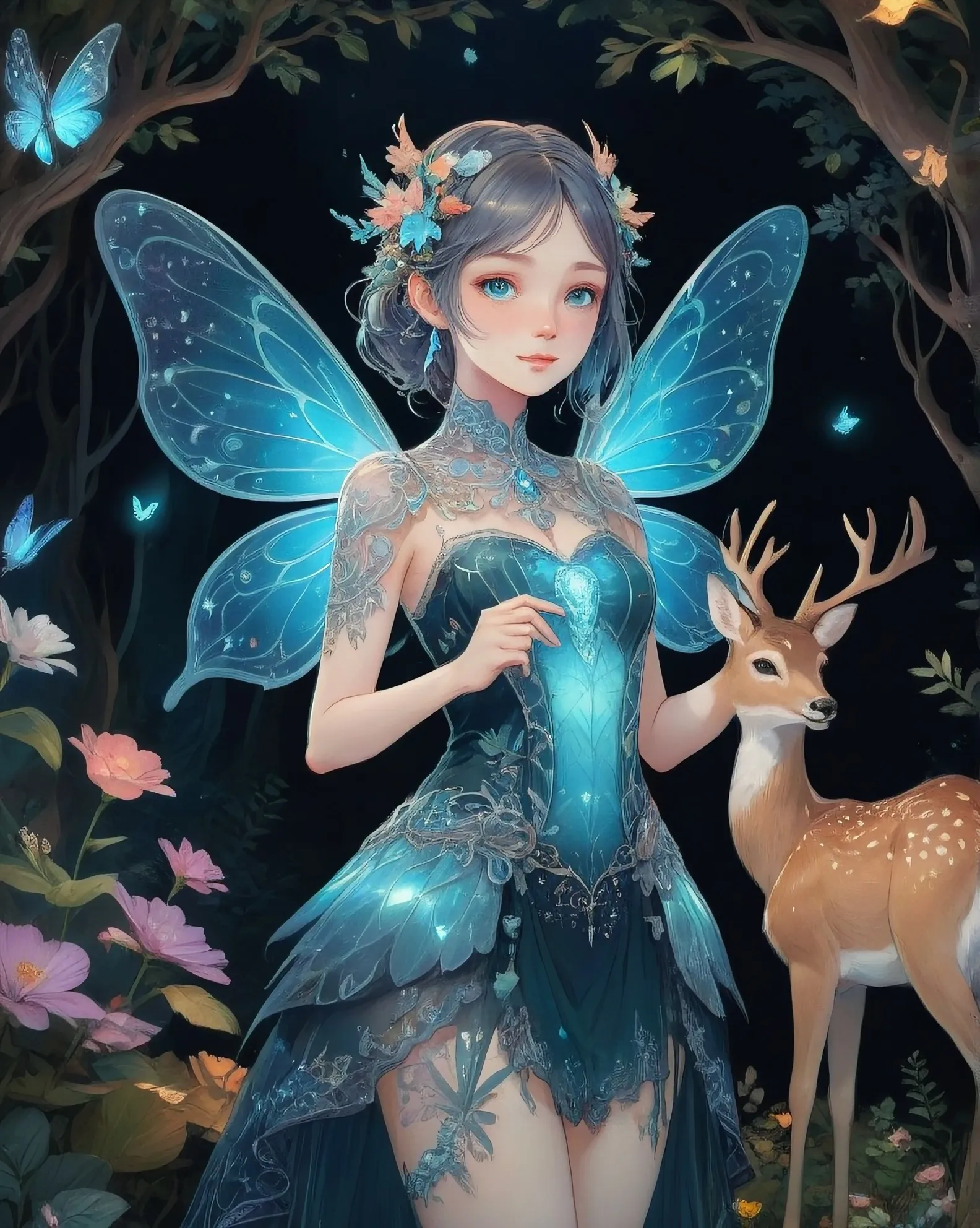 Digital magical masterpiece, ((Adorable cute bioluminescent, fairy girl, effervescent with transparent lace filigree wings, standing next to deer, tree, beautiful flowers)) , elegant, enchanting,A butterfly goddess in a garden, characterart, klimt and mucha, mysterious, ornate, insanely detailed, 32K, cinematic lighting, UHD, unearthly charm, broken glass effects,  glitter, witches den with window backdrop