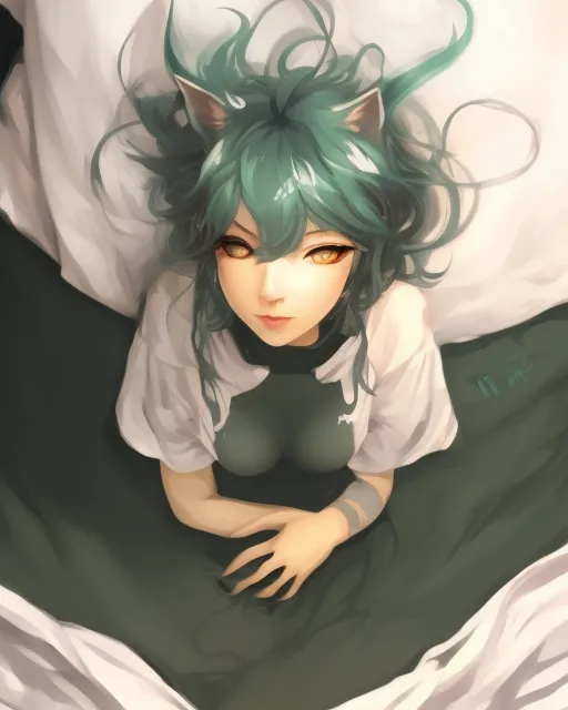 dark-green neko-fox girl with yellow eyes. very sleepy, hanging off side of her bed